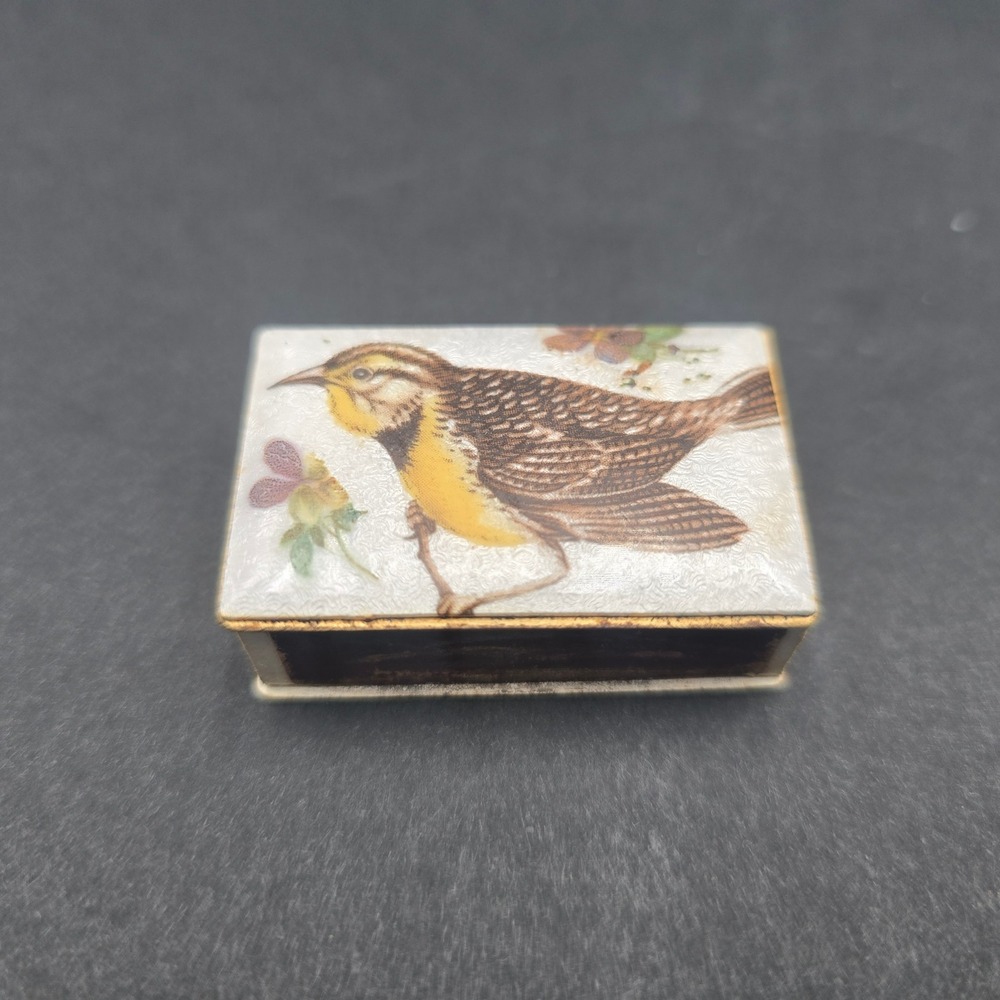 Vintage Brass Guilloche Enamel Meadowlark Bird Matchbox Cover with Matches - Picture 5 of 10